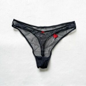 Victoria's Secret Black Sheer Bikini Panty with Red Heart Lollipop Embroidery